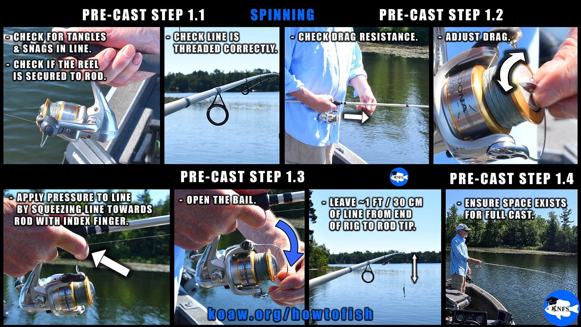 Describes the initial steps required to cast a spinning reel and rod.