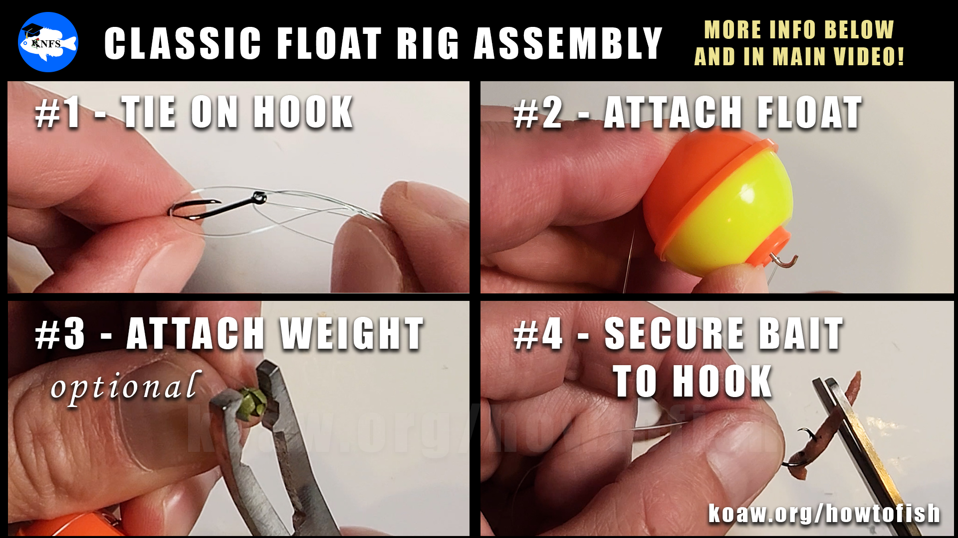 Shows the basic assembly of the classic float rig when fishing with a standard bobber and fish hook.