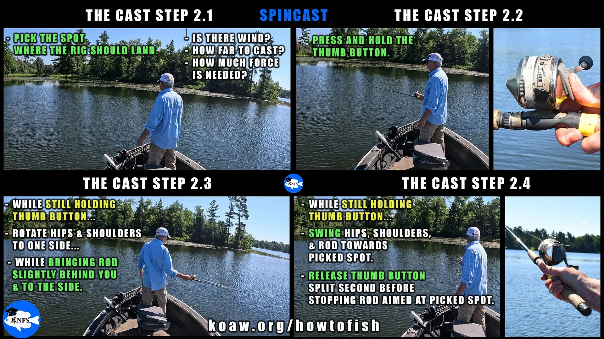 Image shows the casting phase of casting a button push or spincast reel. Notice the thumb is released moments before rod is stopped.