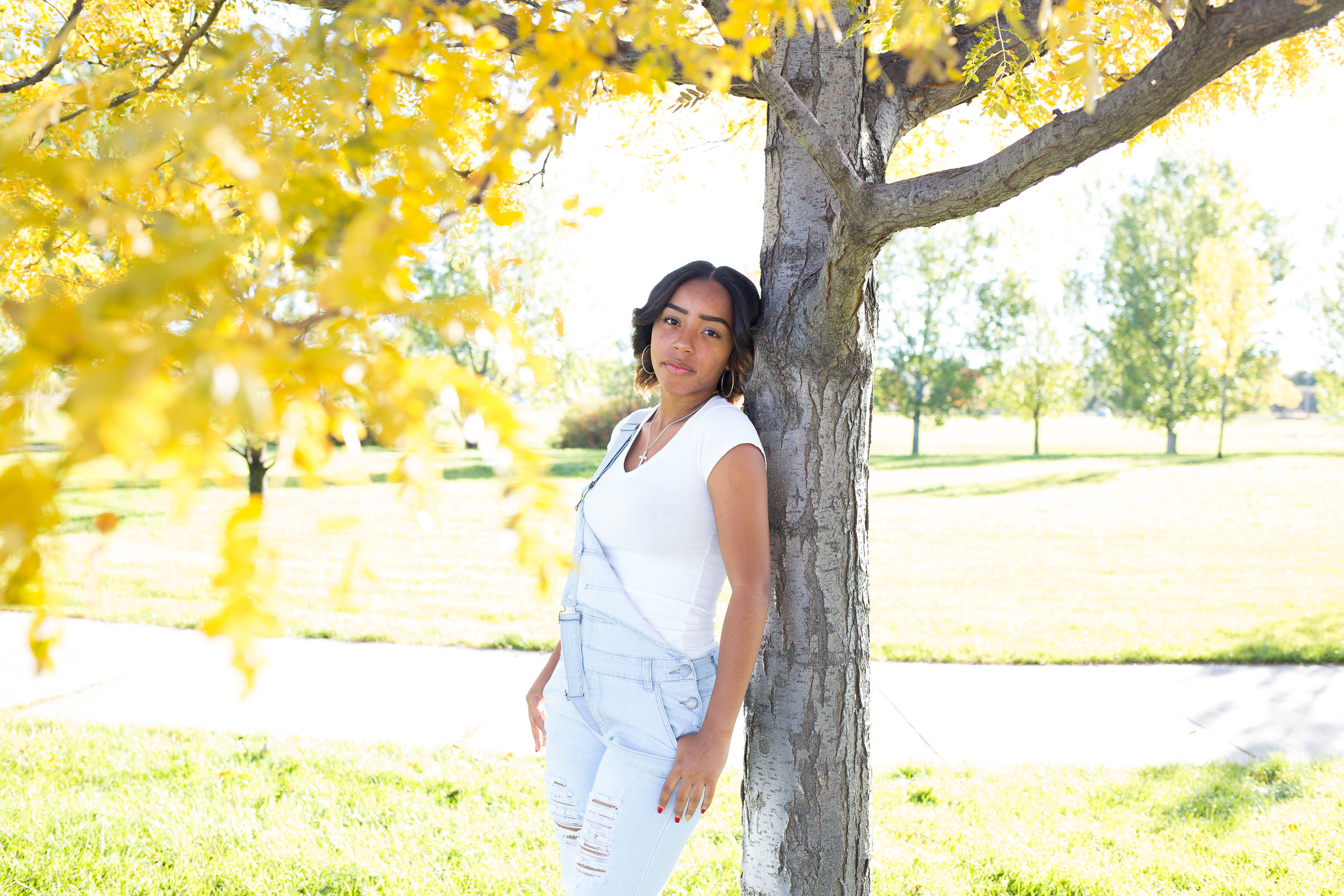 Girl leaning against tree with yellow leaves in the fall for her senior pictures at Fountain Creek Regional Park in Colorado Springs, CO. Stacy Carosa Photography