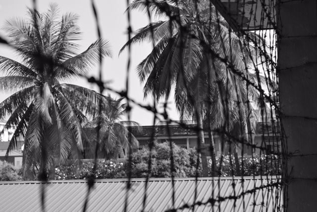 A view from the inside of Cambodia's Security Prison S-21, where 17,000-20,000 people were held and brutally tortured before being murdered at the Killing Fields. The S-21 Prison is now the Tuol Sleng Genocide Museum, documenting the atrocities of the Khmer Rouge era (1975-1979).