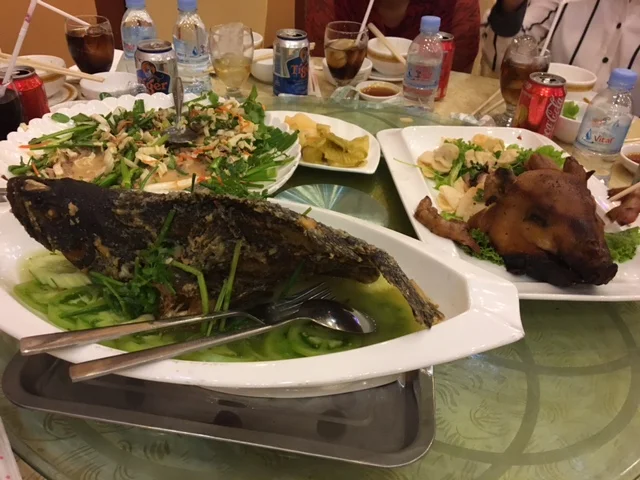 The wedding reception dinner included a feast with many courses. These two stared us down and dared us to eat. So we did.