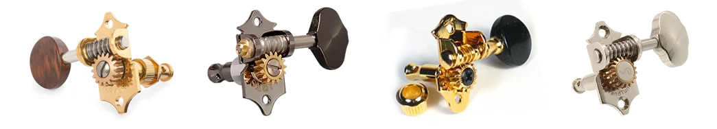 Left to Right: Waverly, Gotoh, Grover, Schaller. Note: All of these tuners are available in different finishes and tuner-button materials such as, Ivoroid, Snakewood, Ebony, Nicklel and more. 