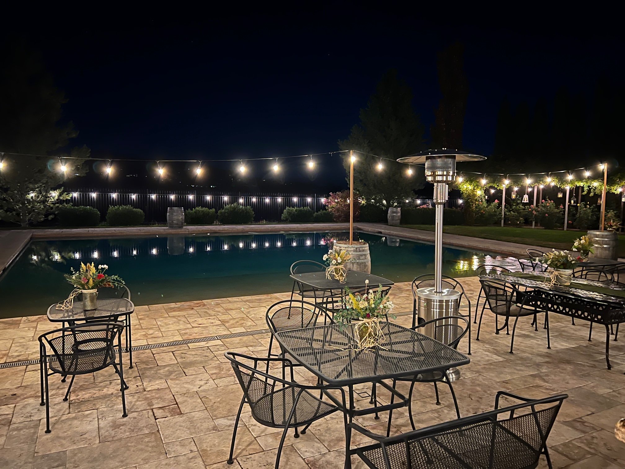 Twinkle lights over the Fences outdoor patio area