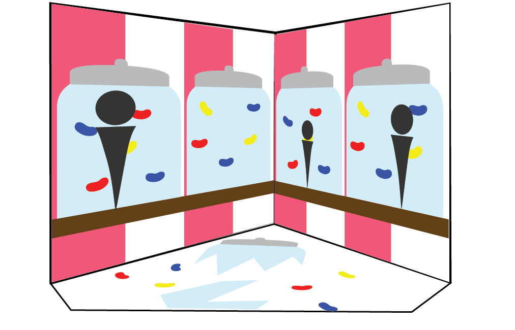 They notice a ledge on the wall and see that the floor looks like a glass jellybean jar has shattered on it, so they climb up onto the wall to avoid the "broken glass."