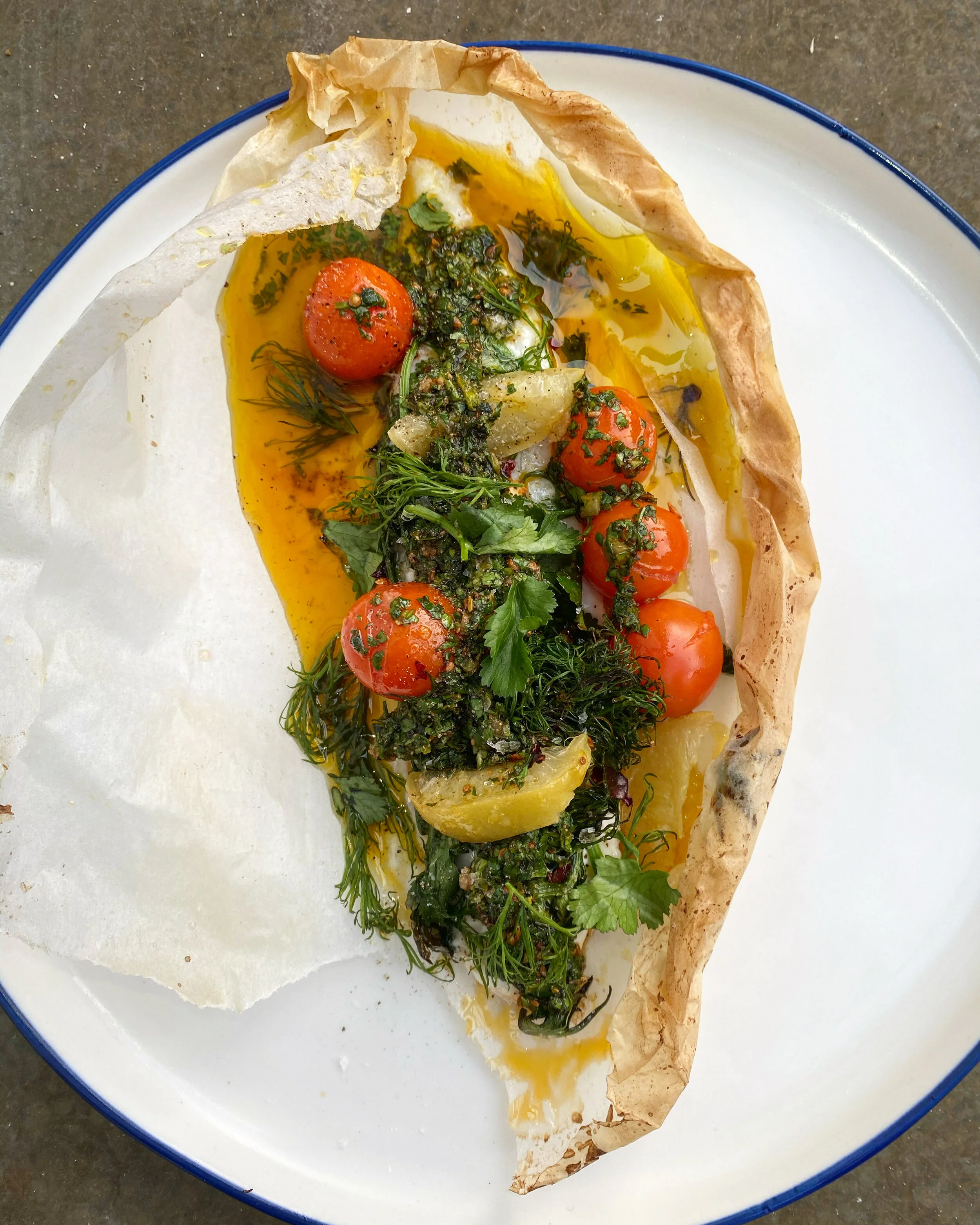 Lemon Sole en Papillote with Preserved lemon and Fresh Herb Sauce 