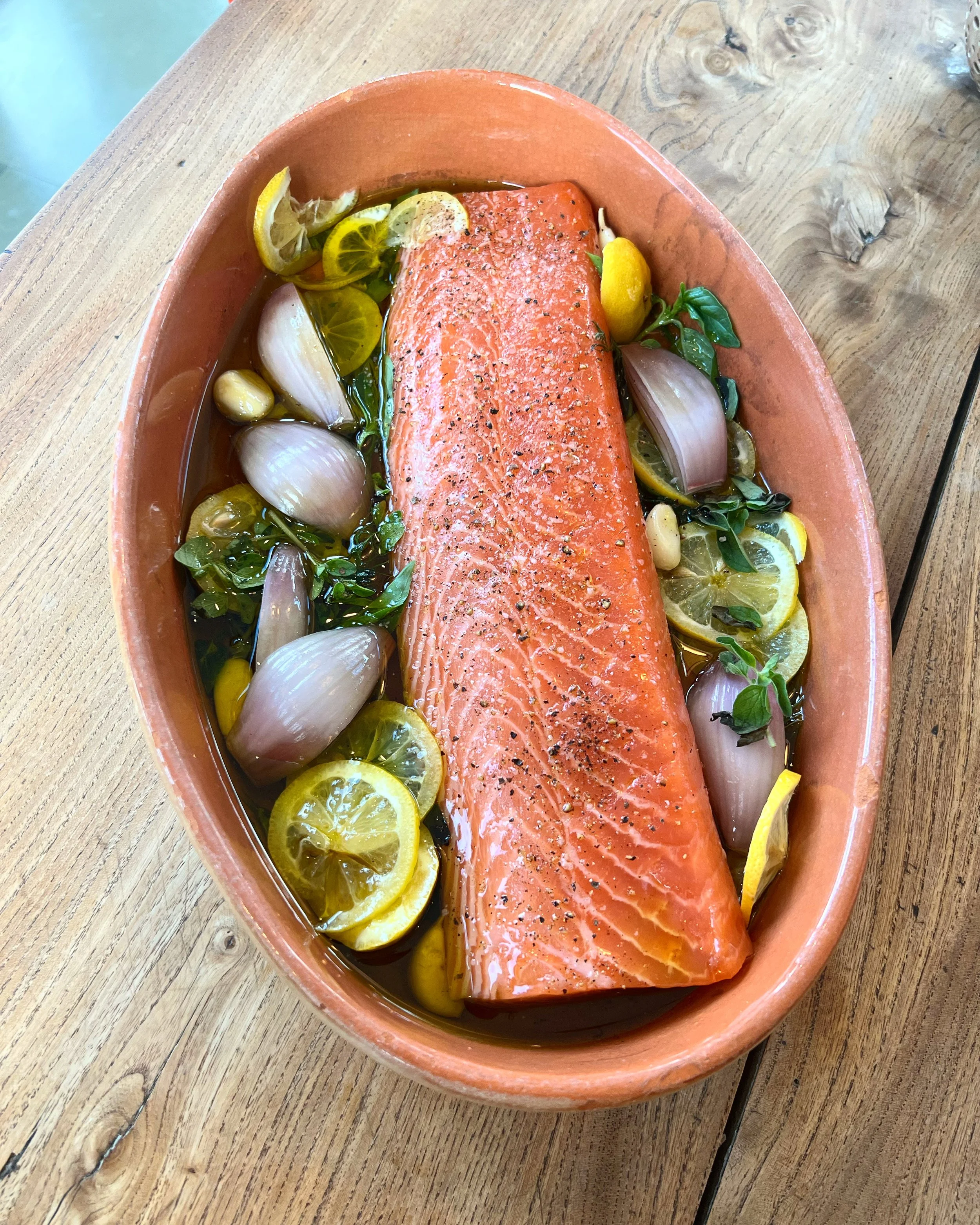 Olive Oil Slow Cooked Salmon with Aromatics 