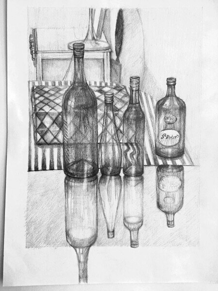 Hopeful family front of Pandora’s box. Pencil drawing, April 2019.
