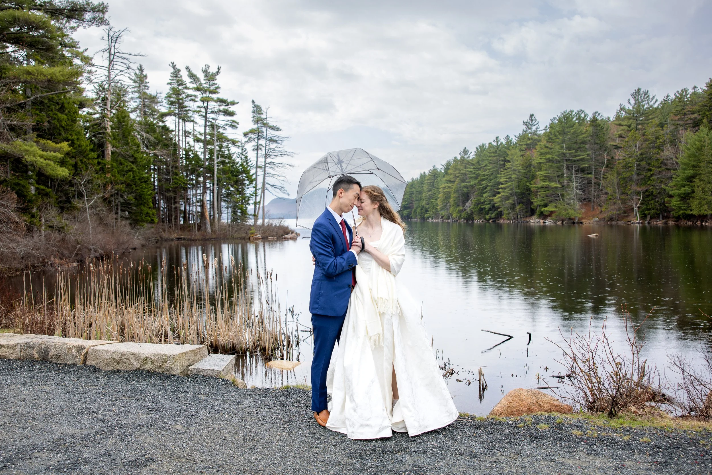 rainy wedding day at eagle lake in acadia national park near bar harbor maine