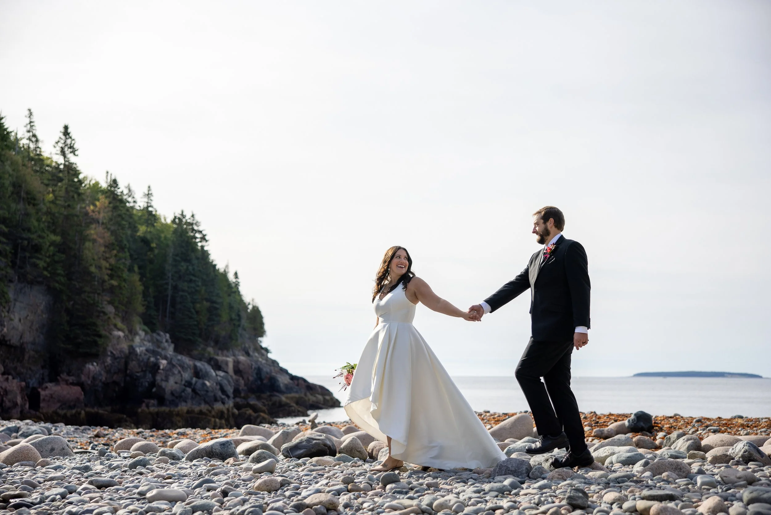 hunters beach bride and groom on their wedding day in acadia national park