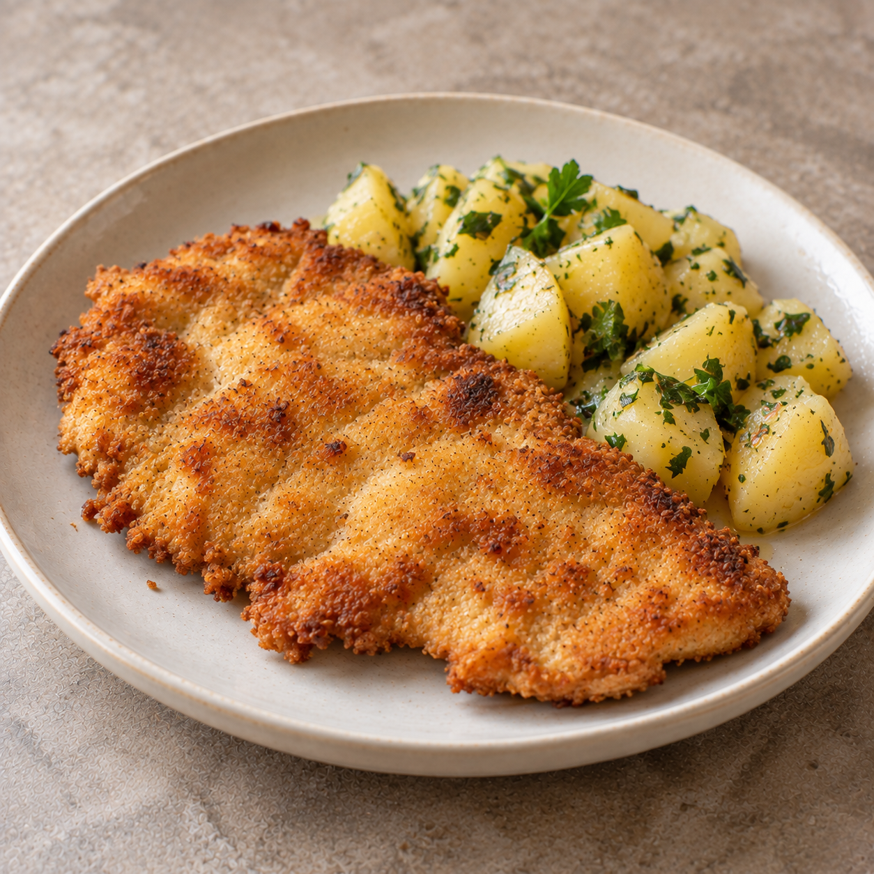 CHICKEN SCHNITZEL SERVED WITH PARSLEY POTATOES