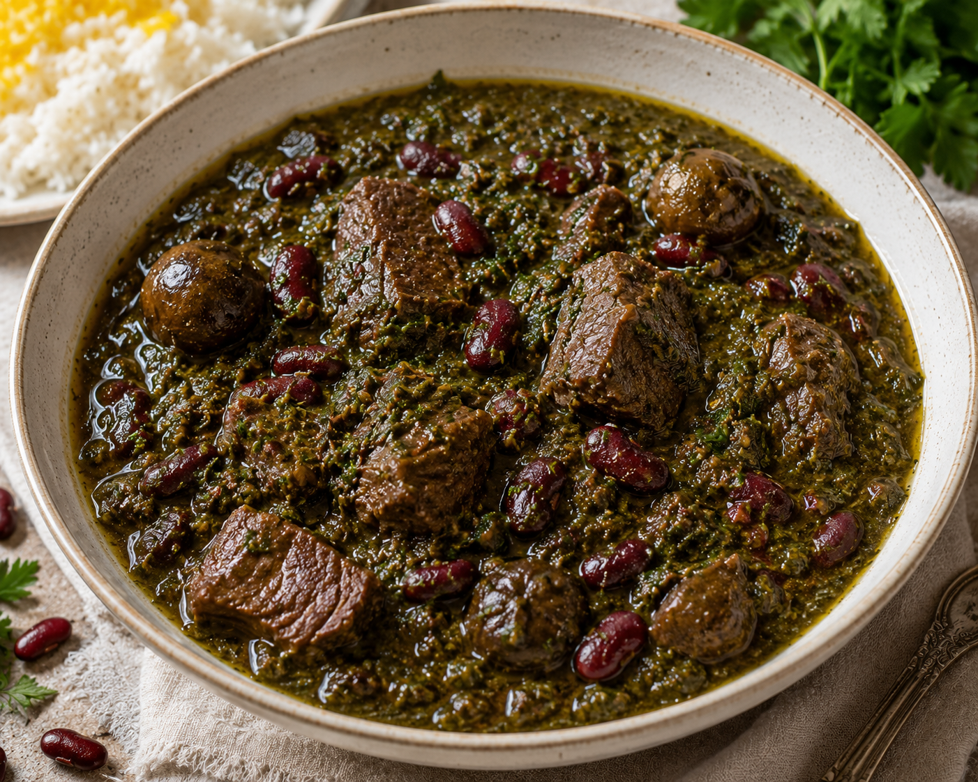 PERSIAN BEEF STEW WITH HERBS & KIDNEY BEANS (GHORMEH SABZI)