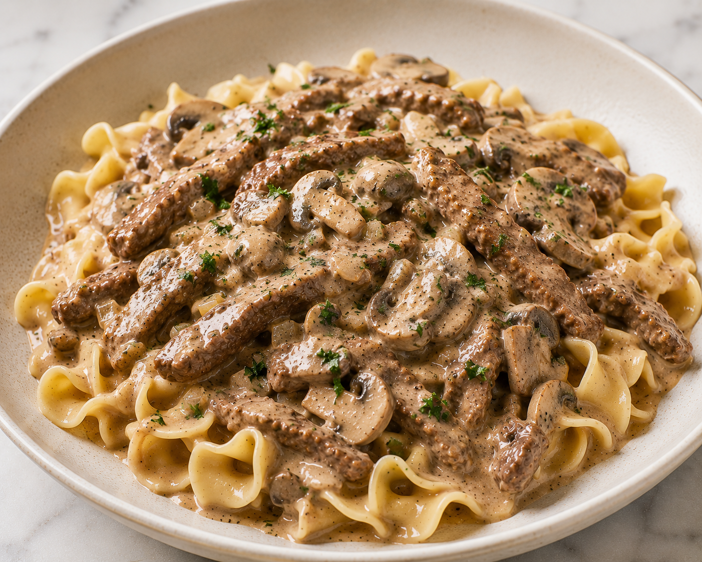 BEEF STROGANOFF WITH CREAMY MUSHROOM SAUCE