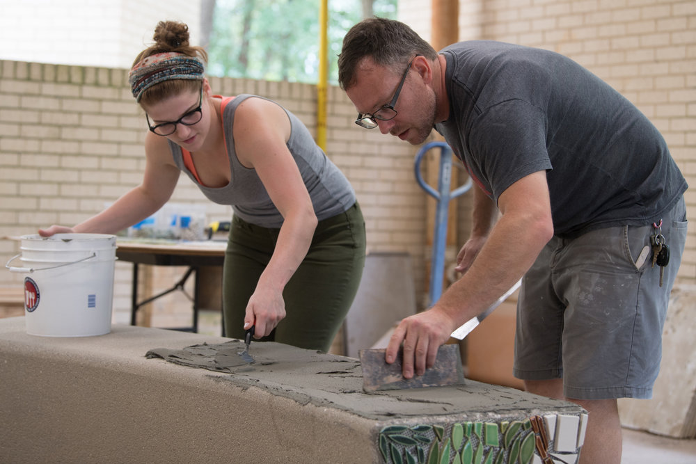  A student and me prepping the top of the bench with mortar. Photo by Michael Spooneybarger 