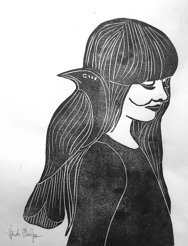 Raven. Linoleum block print on mulberry paper.