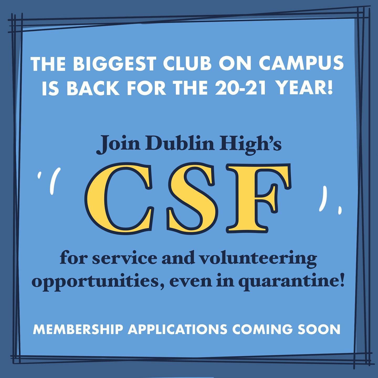 Dublin High&rsquo;s California Scholarship Federation is kicking off for the new school year &mdash; join us for community service and volunteering opportunities adapted to quarantine! 

Membership applications will be announced soon, with requiremen