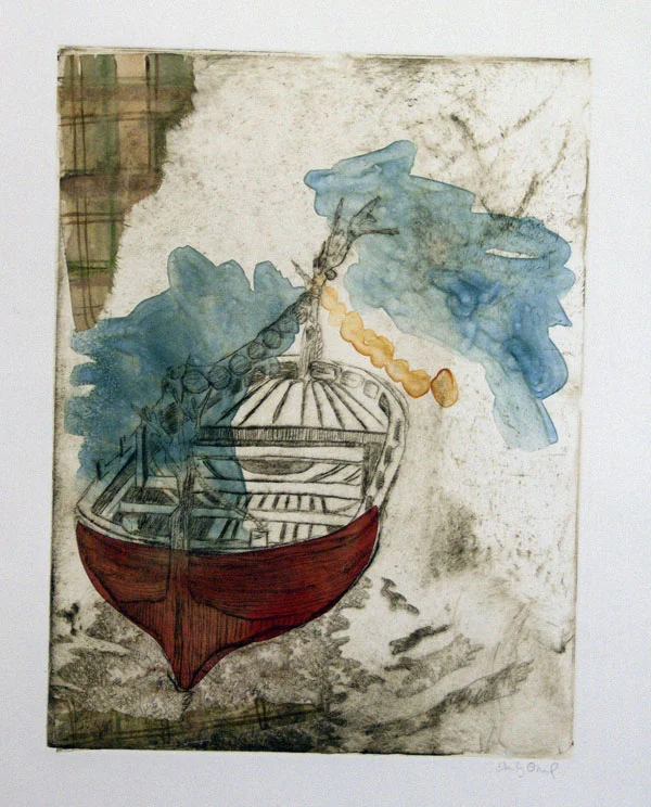 Drypoint, monoprint, chine colle (fabric and paper). Class: strategic methods in conceptual printmaking/monoprint