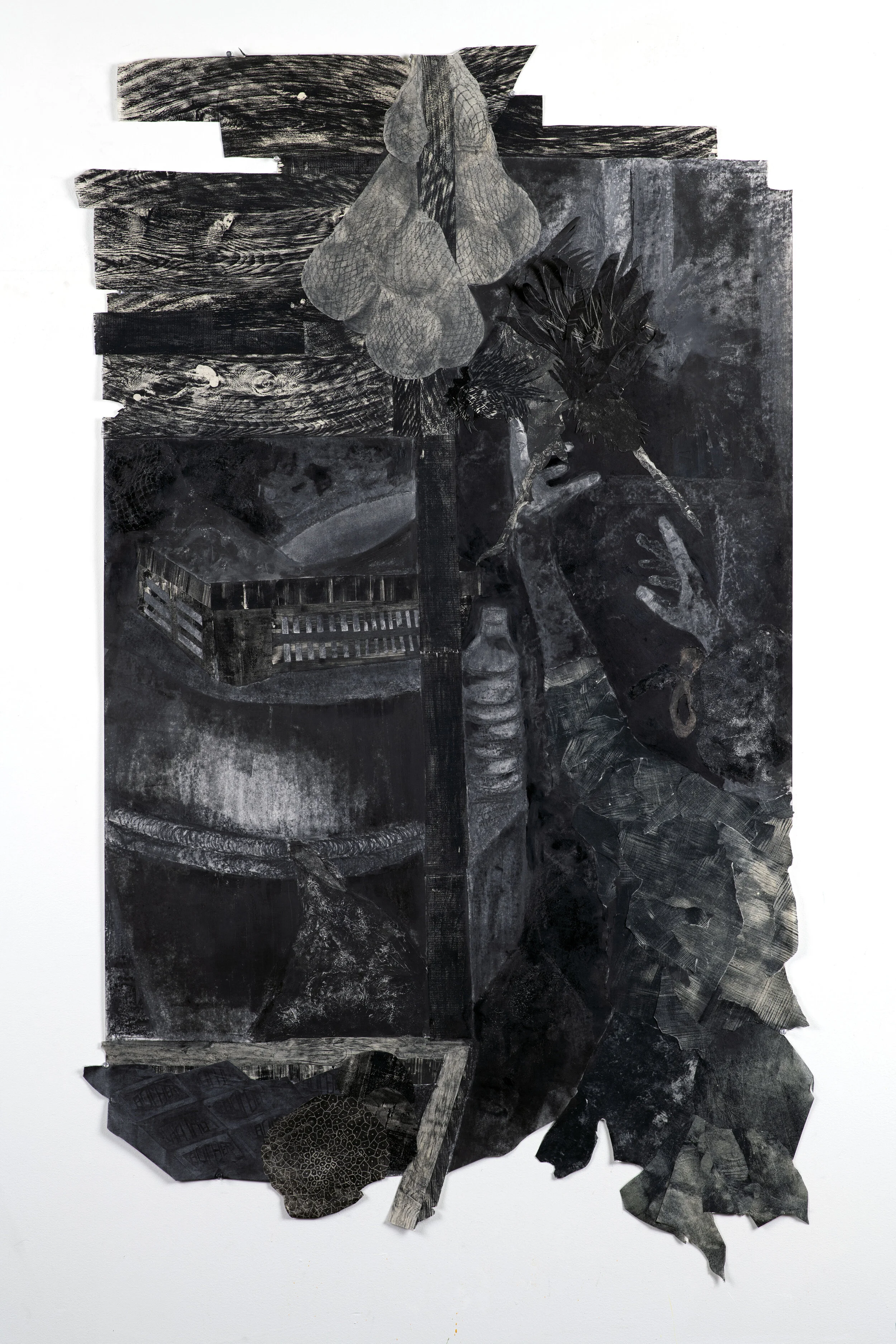 Bourda Market Massacre 36” x 60” 2018 Monoprint, woodcut, frottage and graphite on paper