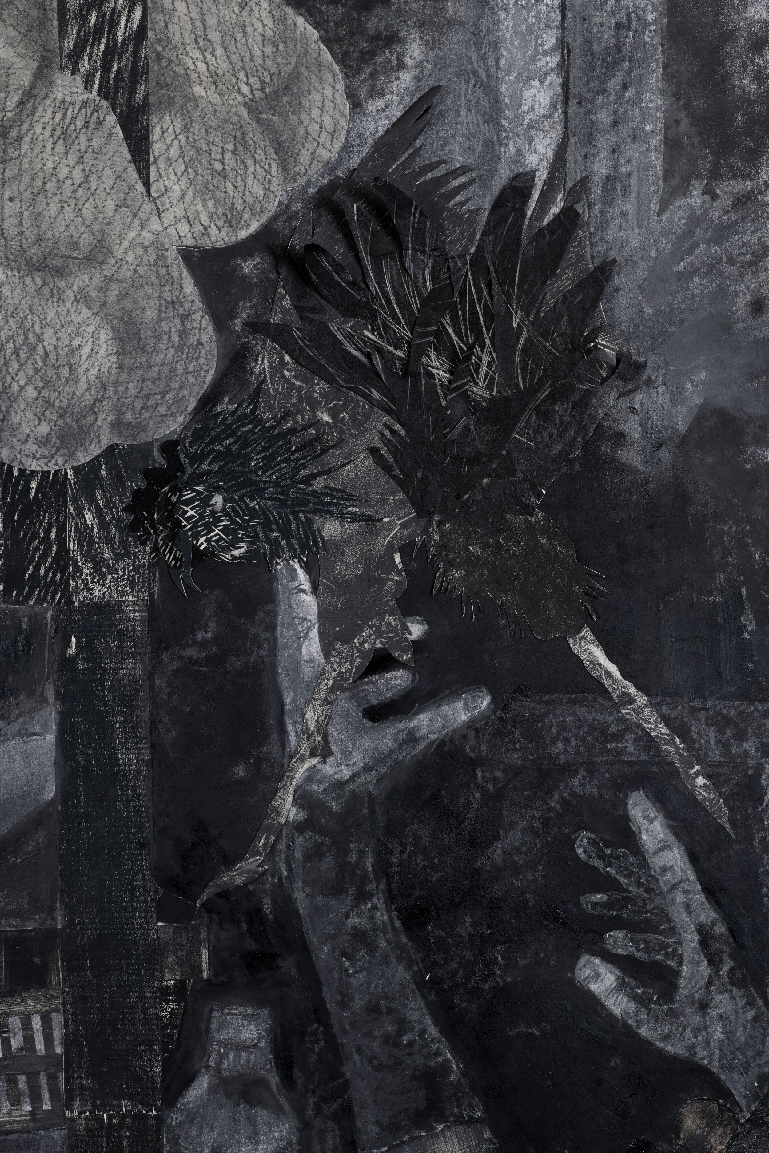 Detail: Bourda Market Massacre. Ink used for printing is made with powder graphite. Prints are cut and reassembled to create larger forms within the composition.