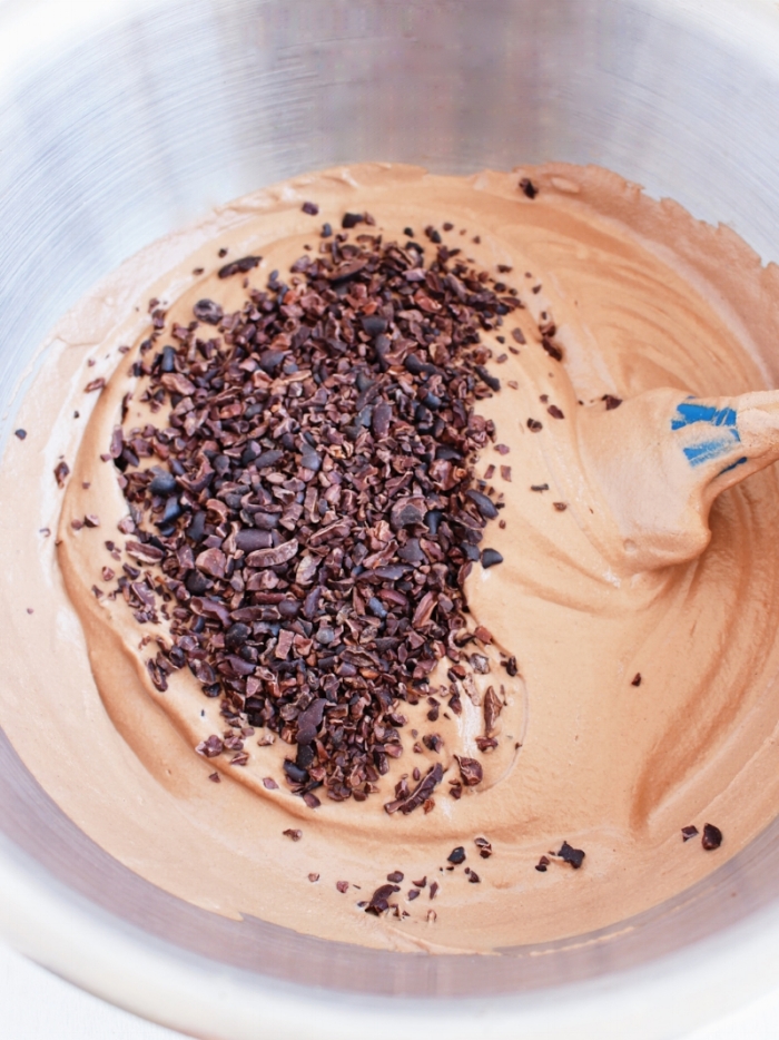 The ice-cream mixture with cacao nibs added