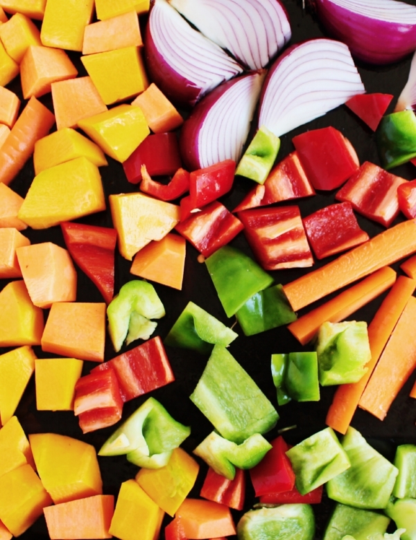 Red & green peppers, squash, red onion & orange sweet potato