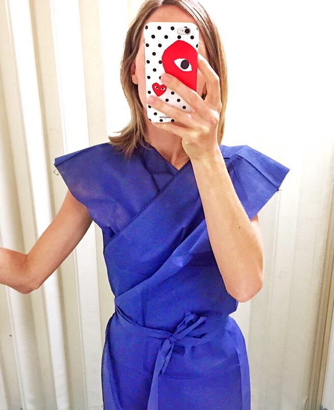 Before my latest MRI in the blue robe
