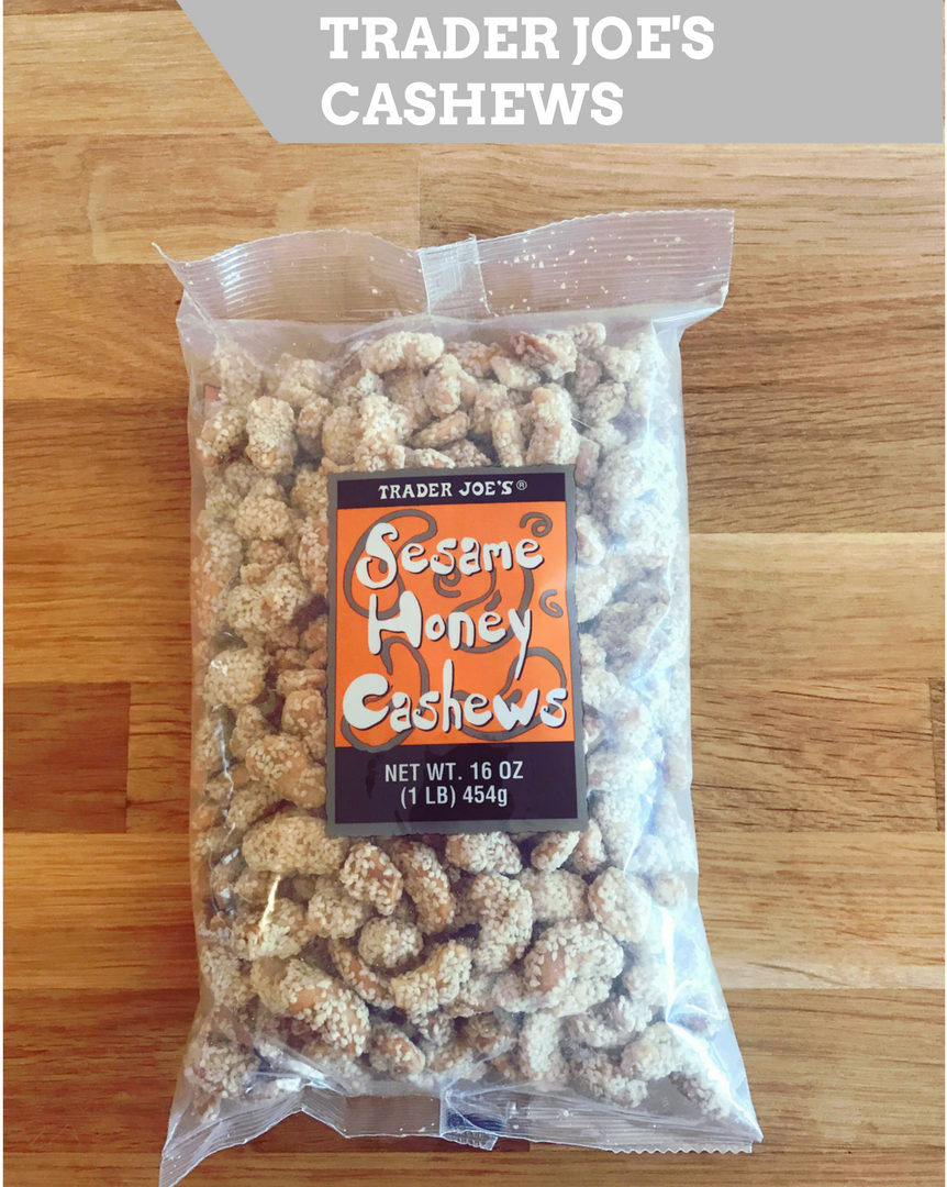 Trader Joe's Sesame Honey and Thai Lime and Chili Cashews.