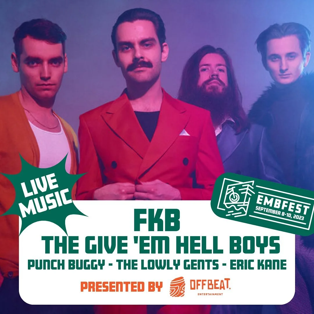 The local music lineup for @embfest  2023!🎶

Amazing local talent is returning to EMBFest. Presented by Offbeat Entertainment come and listen for FREE all weekend long!

September 9
Eric Kane Cherrington at 2:00pm
Punch Buggy at 6:00pm
The Give 'Em 