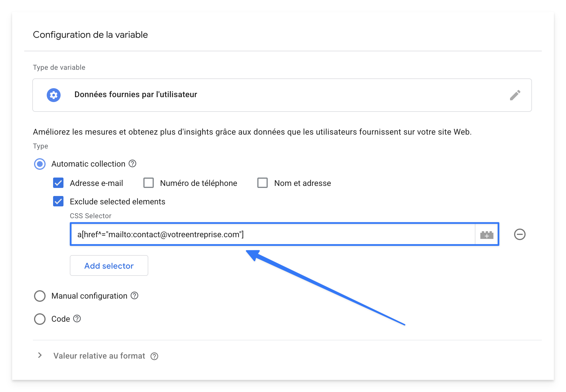 Exclusion de la collecte automatique du sélecteur CSS dans Google Tag Manager