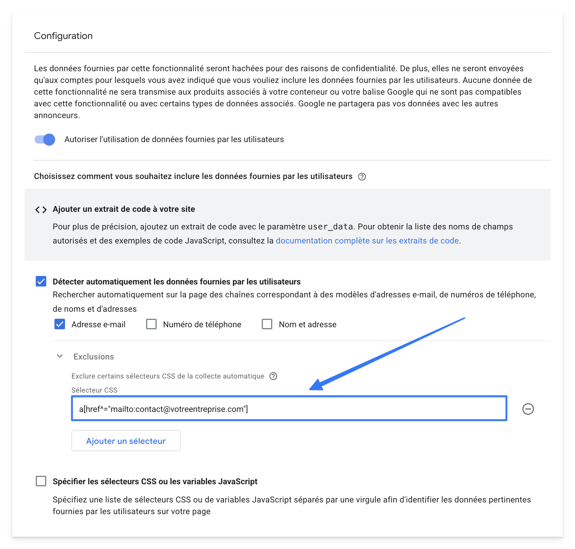 Exclusion de la collecte automatique du sélecteur CSS dans Google Ads
