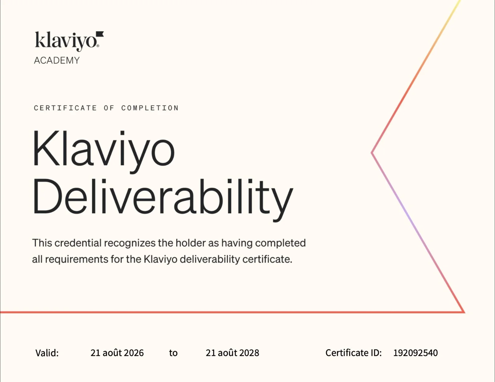 Certificat de délivrabilité Klaviyo