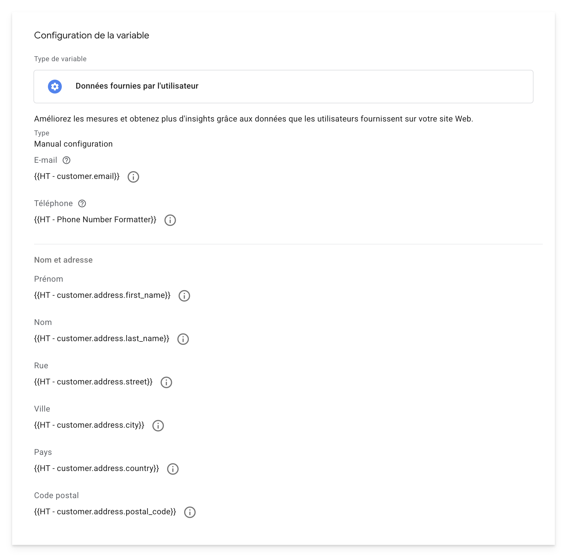 Données fournies par l'utilisateur, configuration manuelle