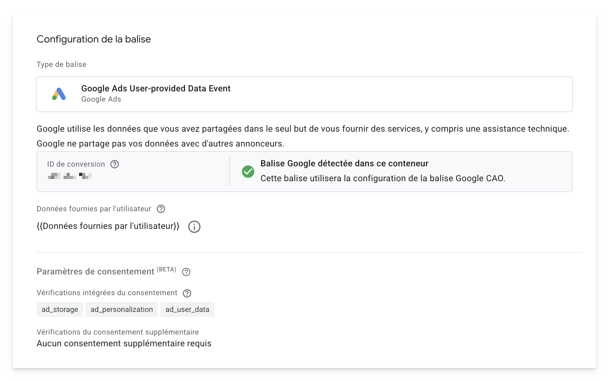 Balise Google Ads User-provided Data Event