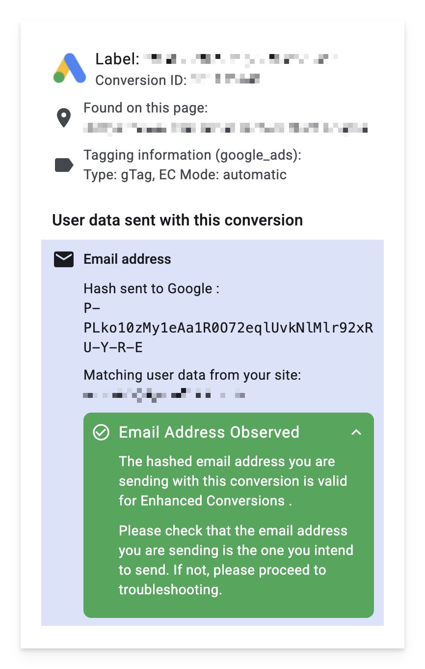 Capture d'écran hachage e-mail Google Ads SHA256