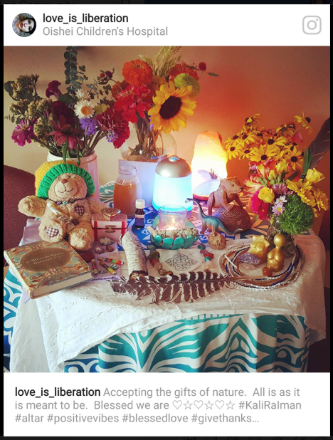 Photo of the altar I created in my hospital room the day life support was to be removed from my beloved Kali Ra.