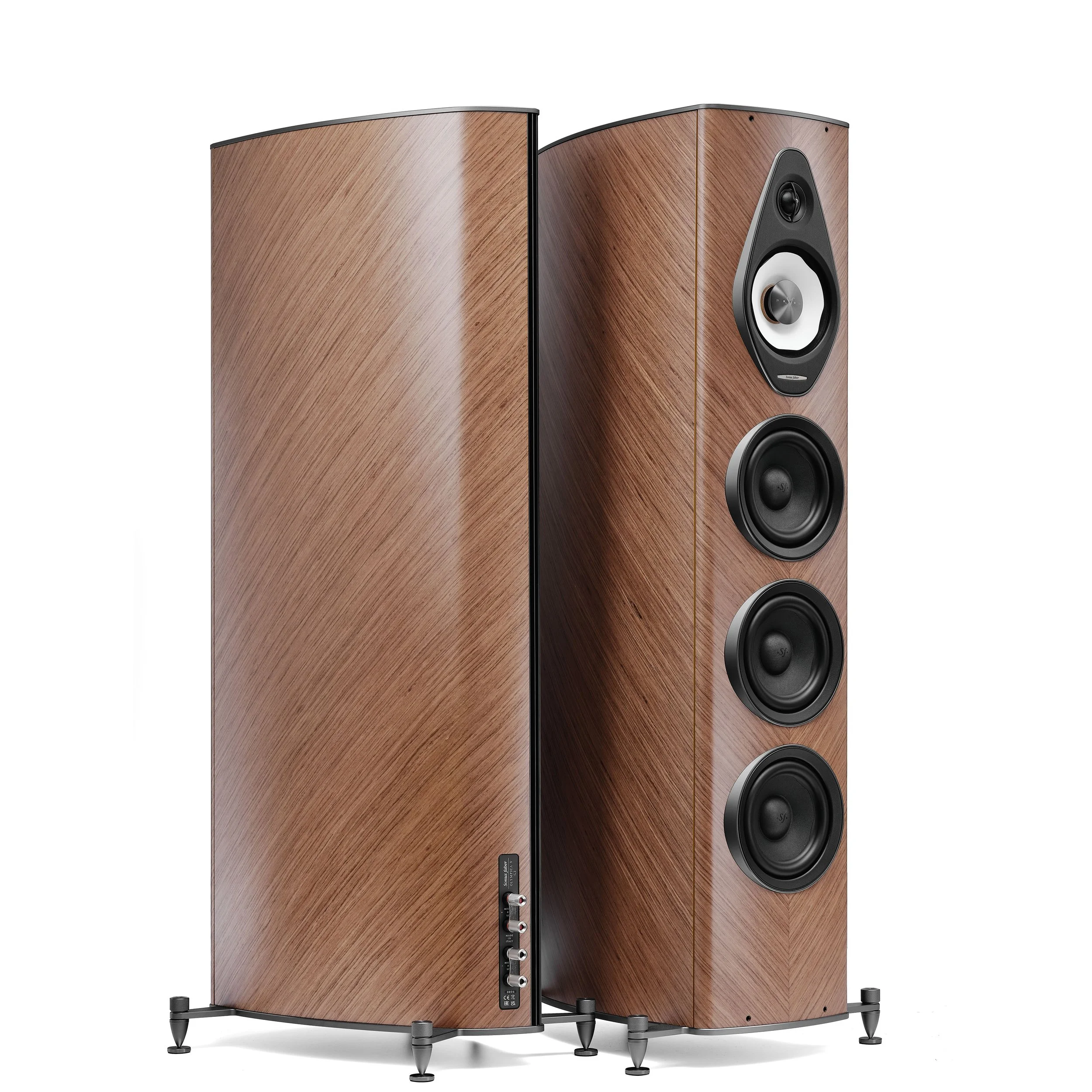 Front and back view of the Sonus faber Olympica V G3 floorstanding speaker in walnut.
