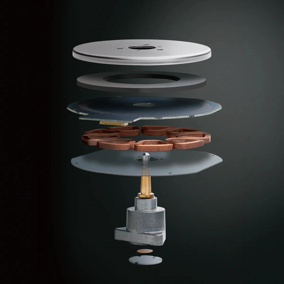 Exploded detail of the coreless direct drive motor used in the Technics SL-50C turntable.