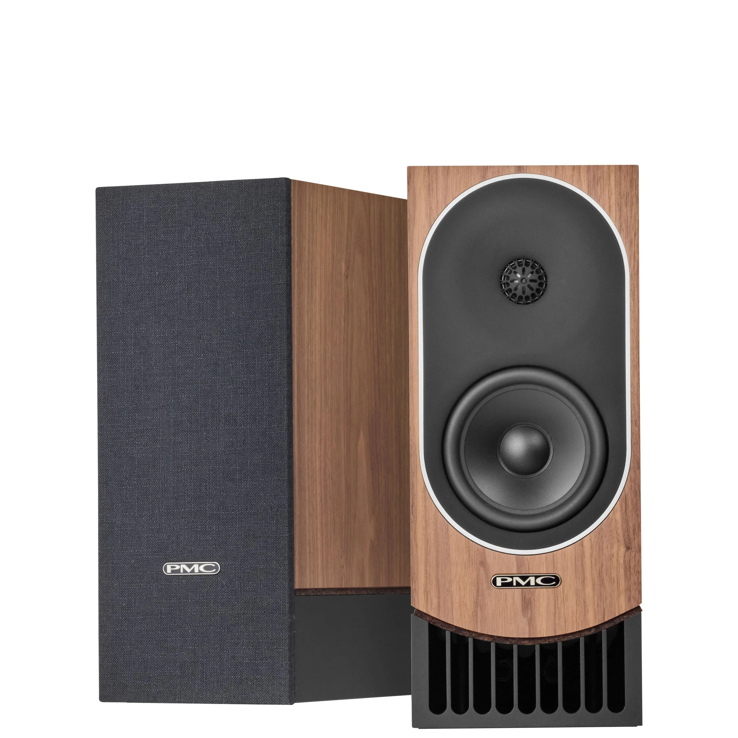PMC prophecy1 bookshelf speakers shown in the natural walnut finish.