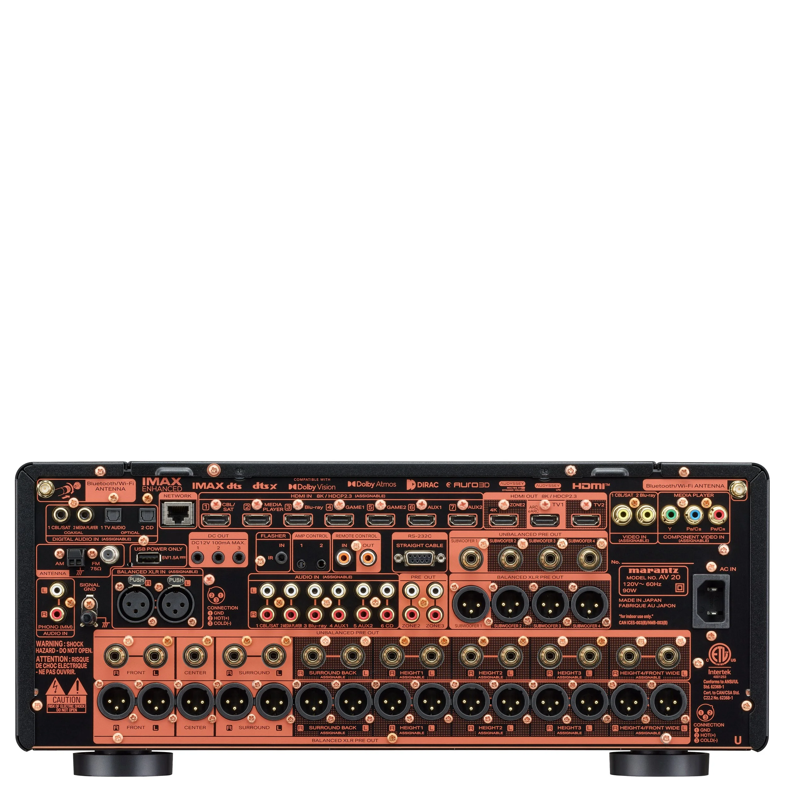 Back view of the Marantz AV 20 reference AV processor showing HDMI, digital, and analog connections.