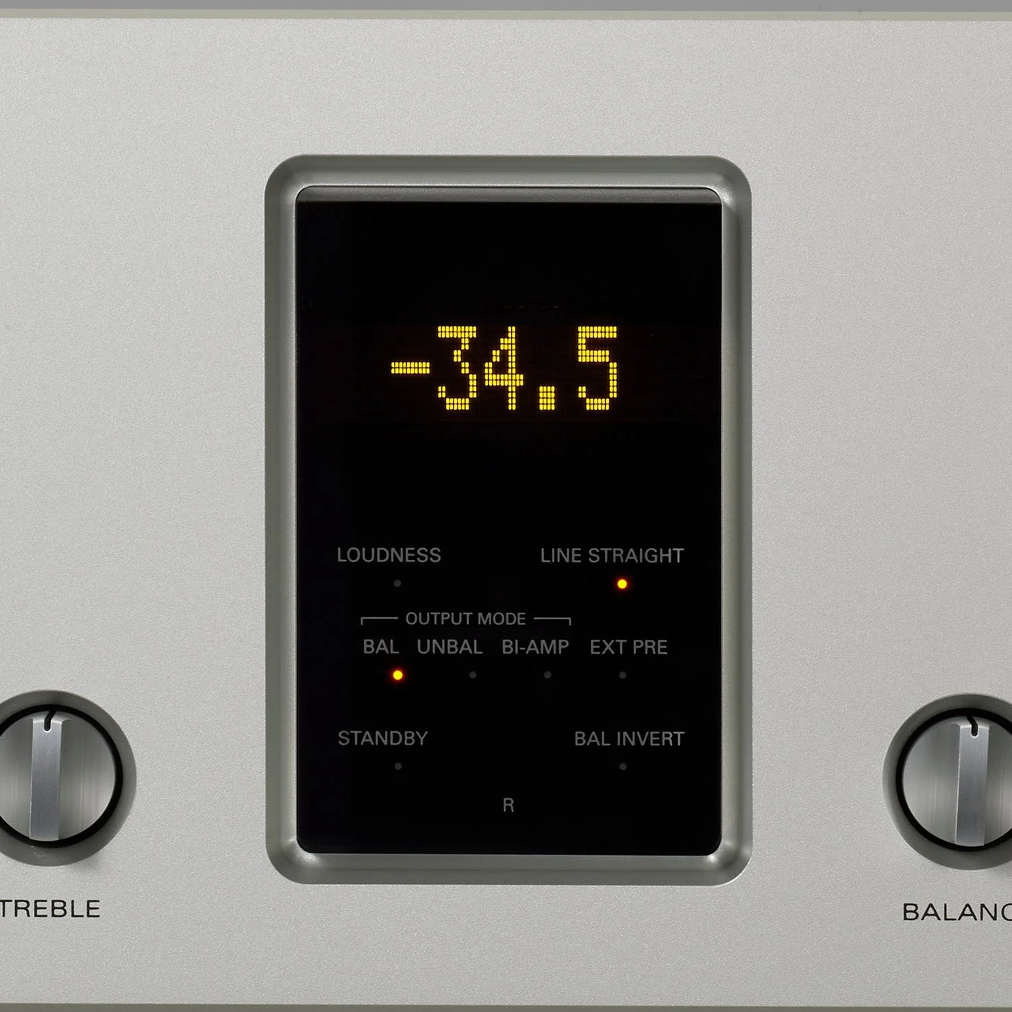 Close-up detail of the front panel on the Luxman C-10X preamplifier.