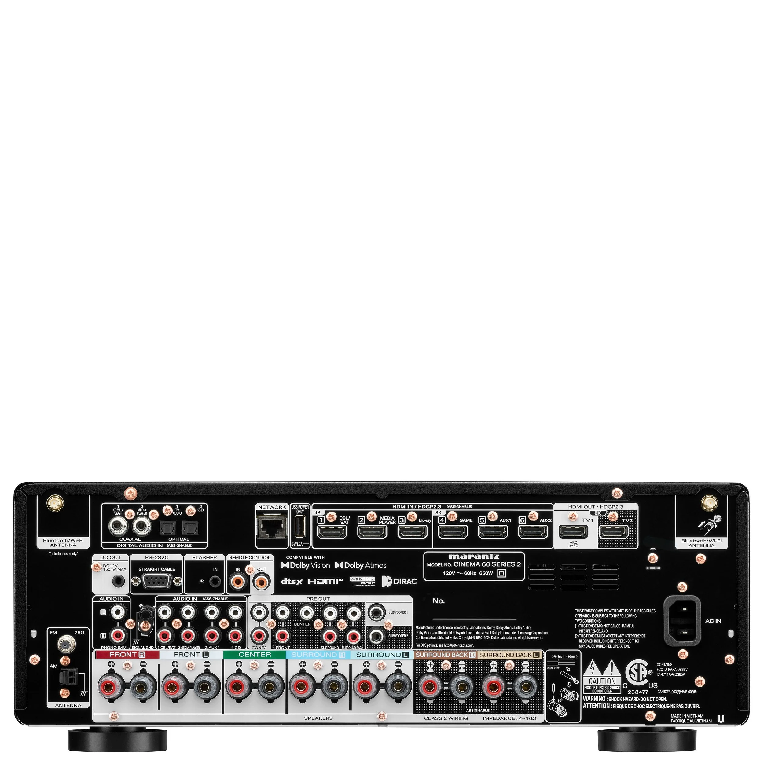 Back panel view of the Marantz Cinema 60 Series 2 AV receiver showing HDMI, digital, and speaker connections.