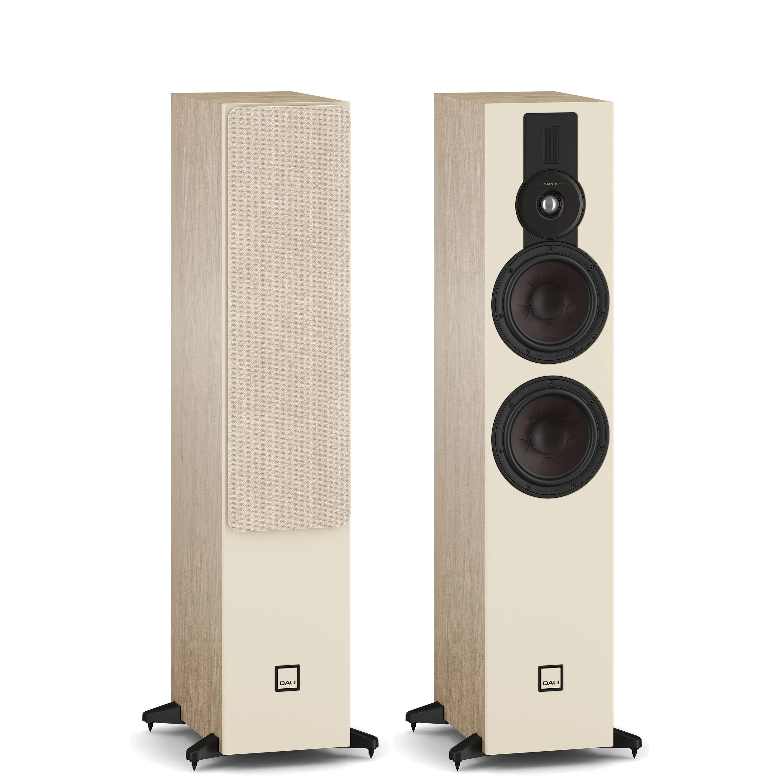 DALI Sonik 7 floorstanding speaker with hybrid planar/dome tweeter shown in natural oak.