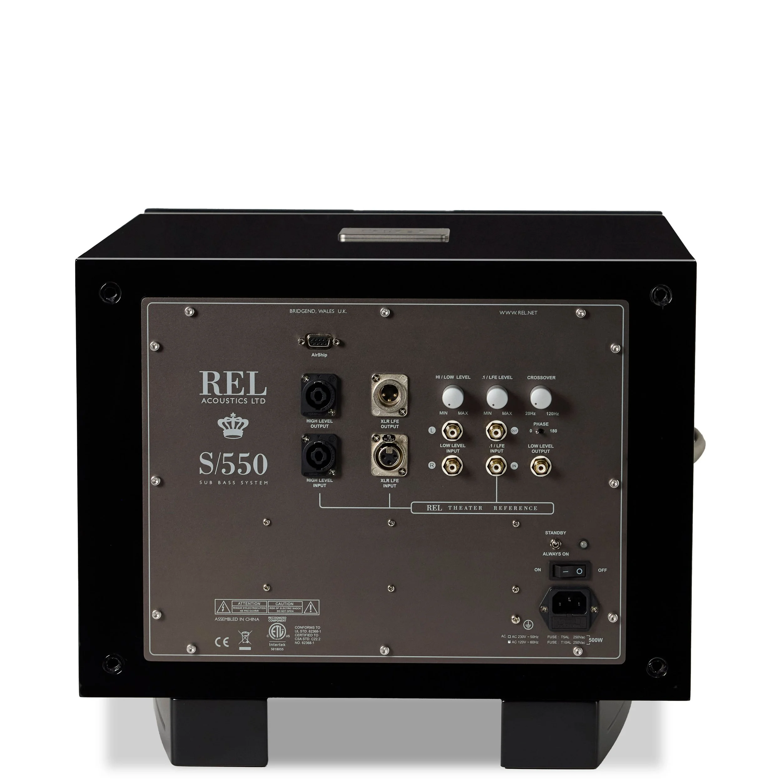 Back view of the REL S/550 subwoofer showing connections and controls.