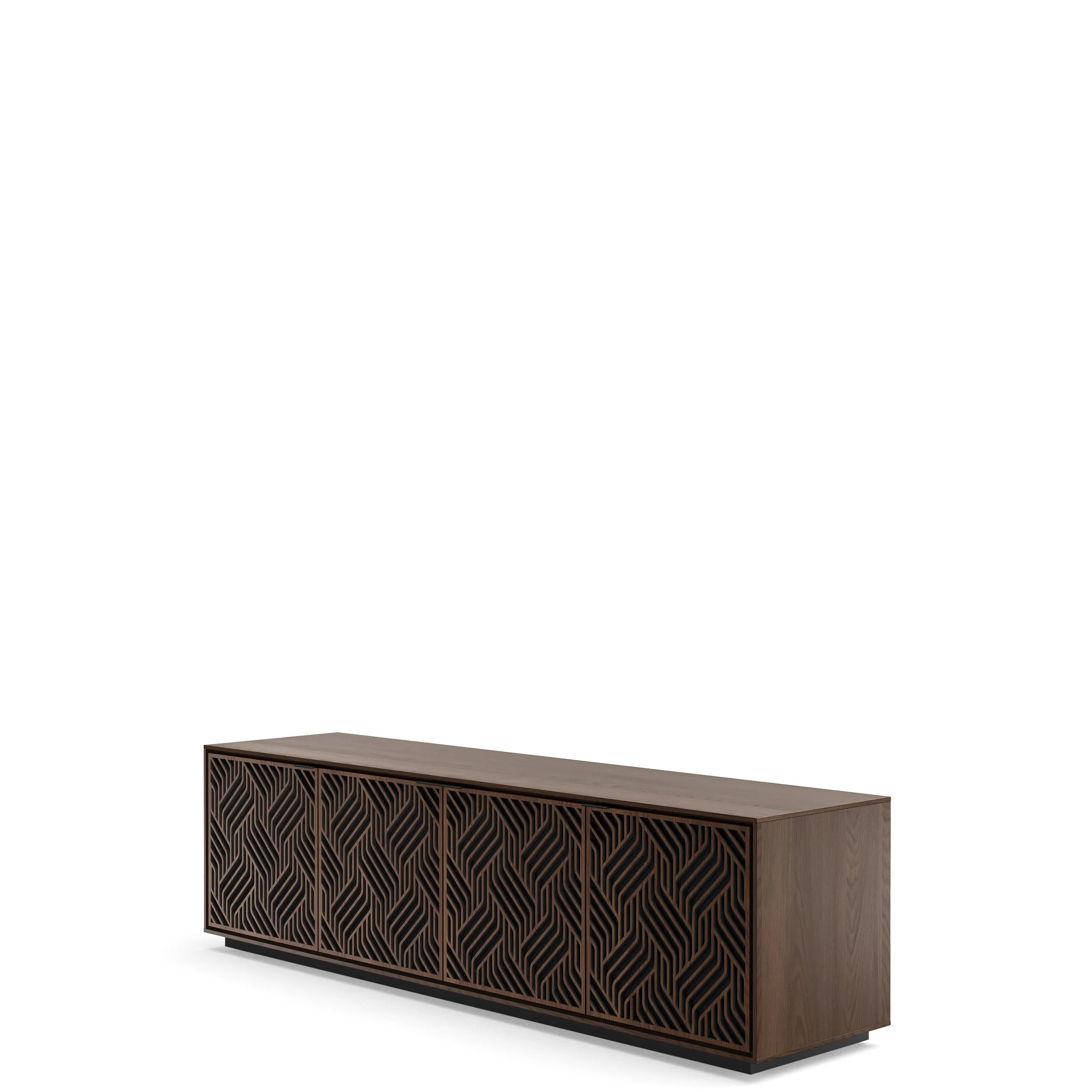 Angled view of the BDI Elements 8703-WE media cabinet in toasted oak.