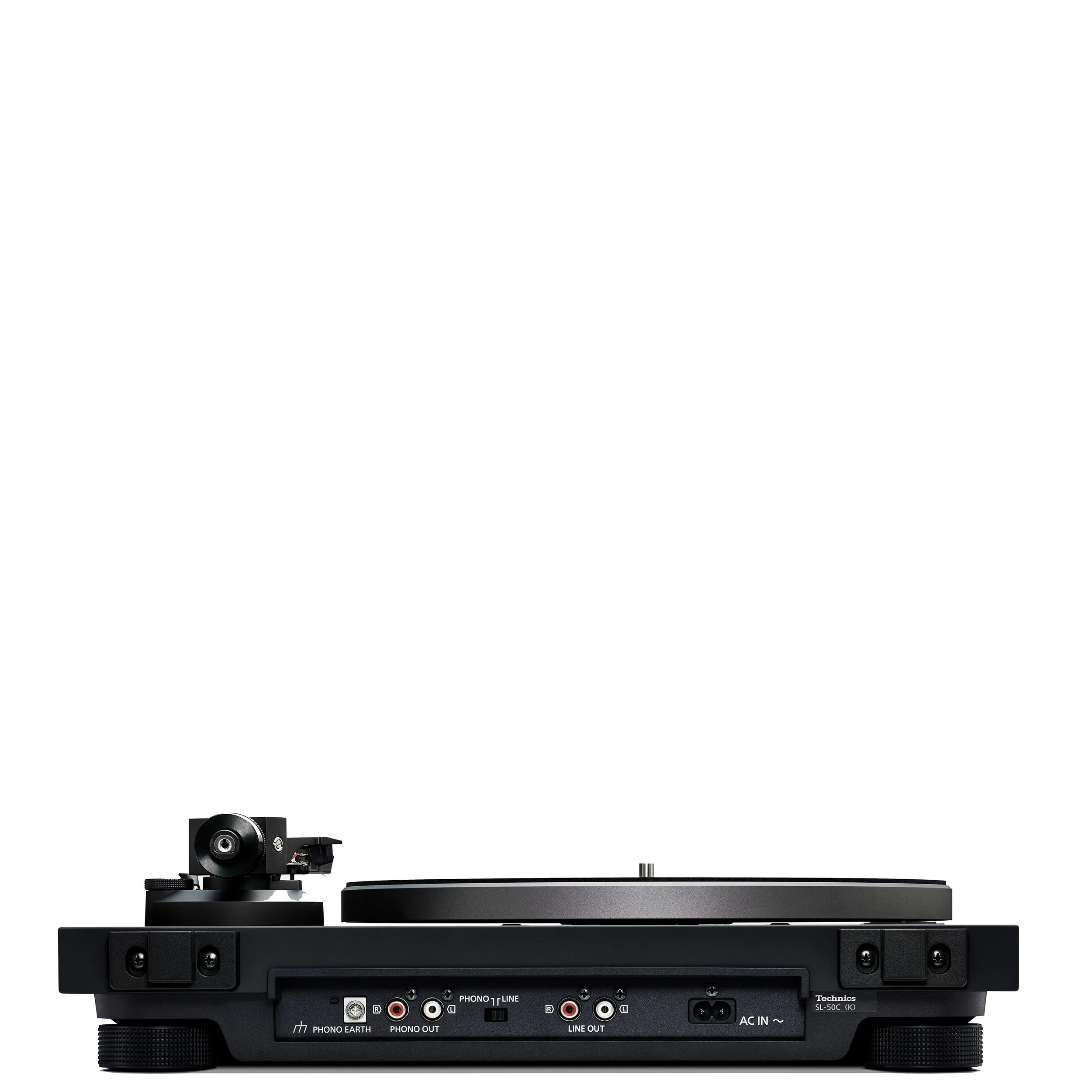 Back view of the Technics SL-50C direct drive turntable showing analog connections.