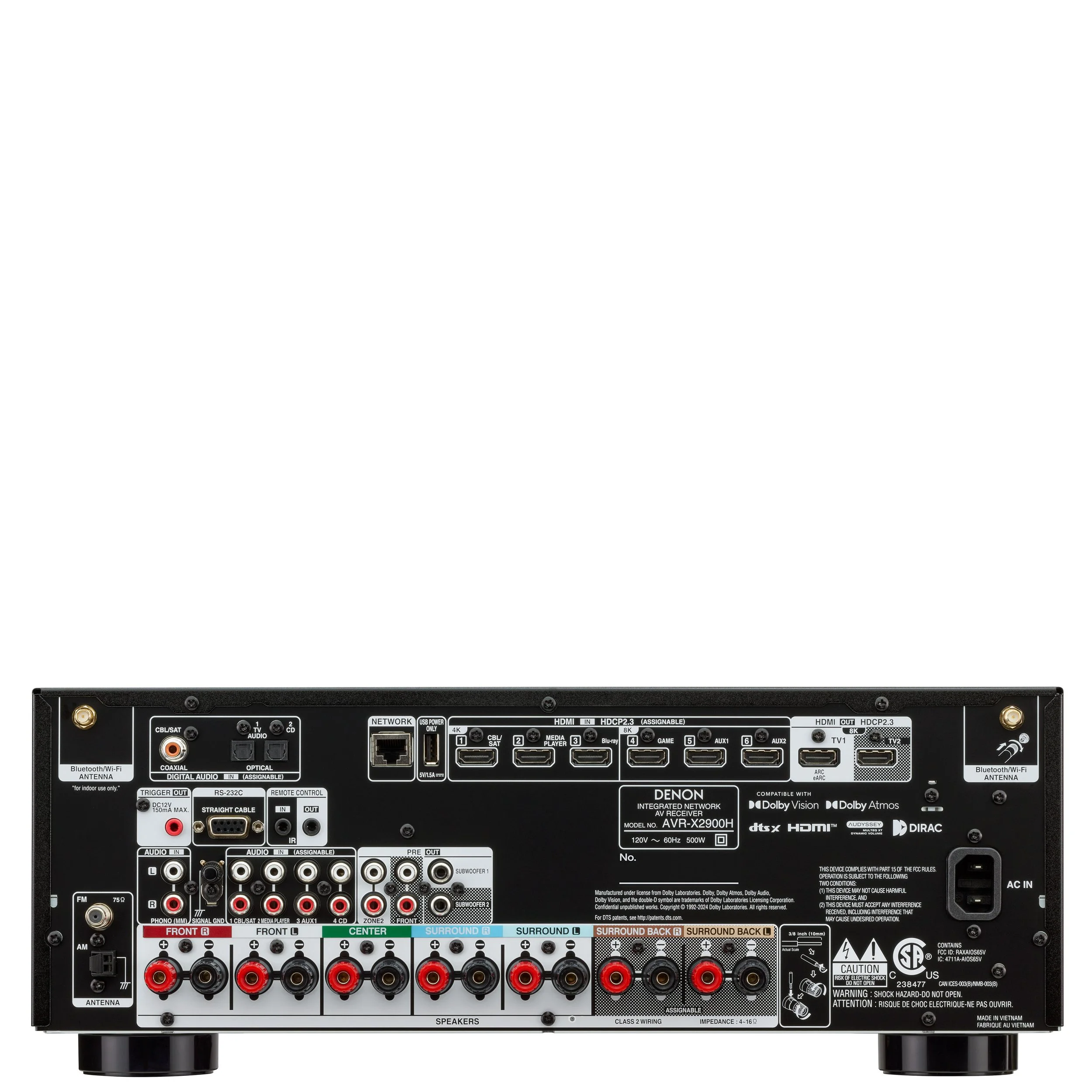 Back panel view of the Denon AVR-X2900H showing HDMI, digital, and speaker connections.