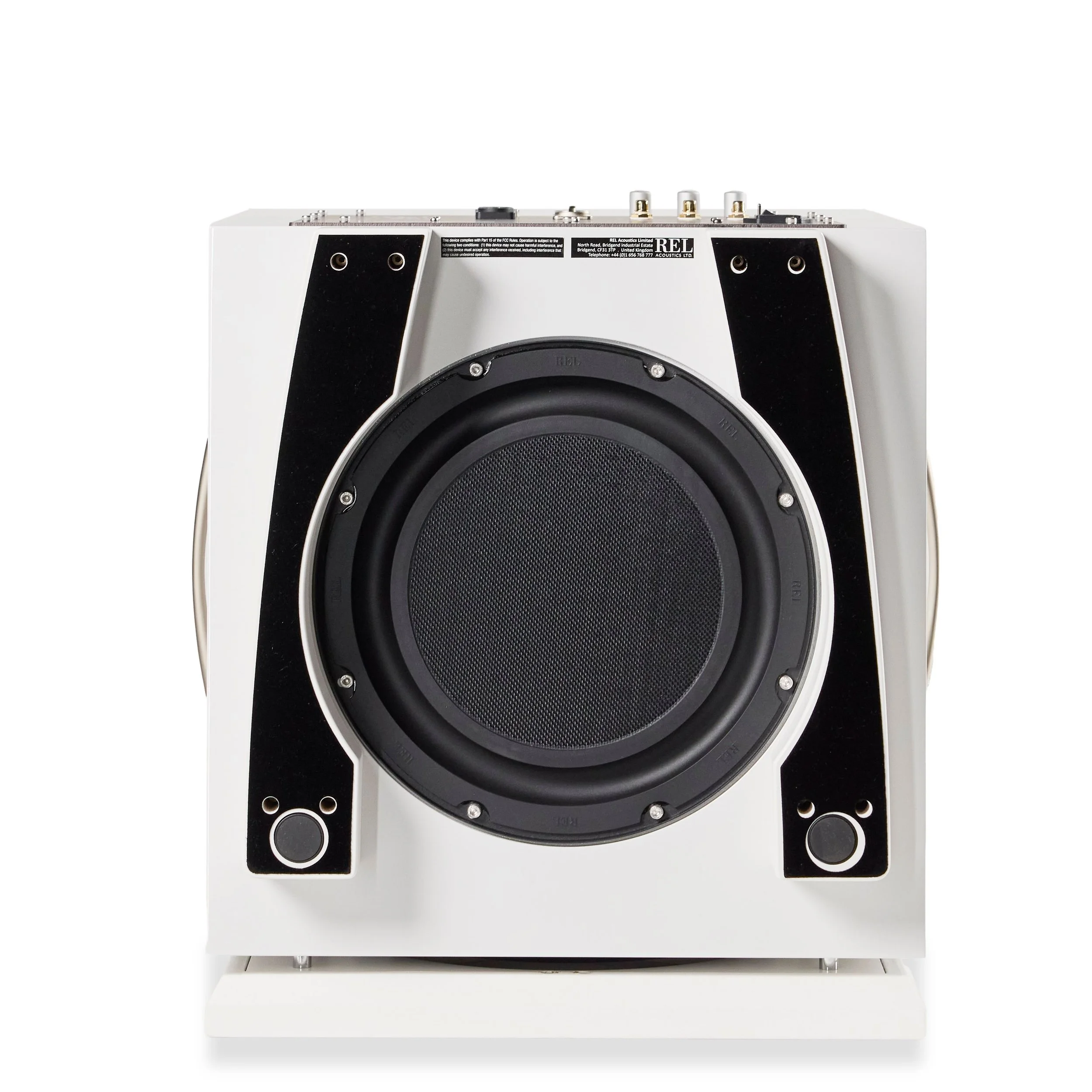 Bottom view of the REL S/550 subwoofer in white.