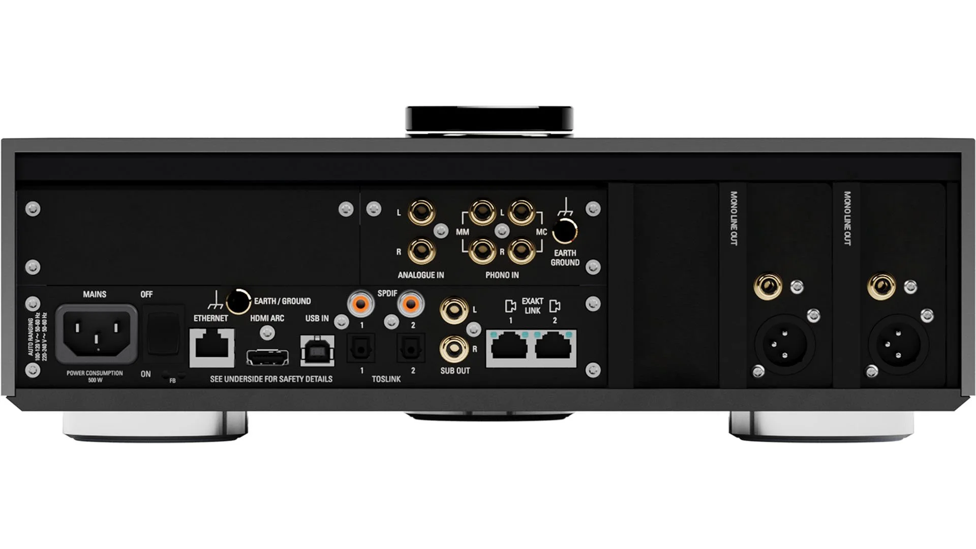 Back of the Linn Selekt DSM Hub shown with mono line out cartridges installed.