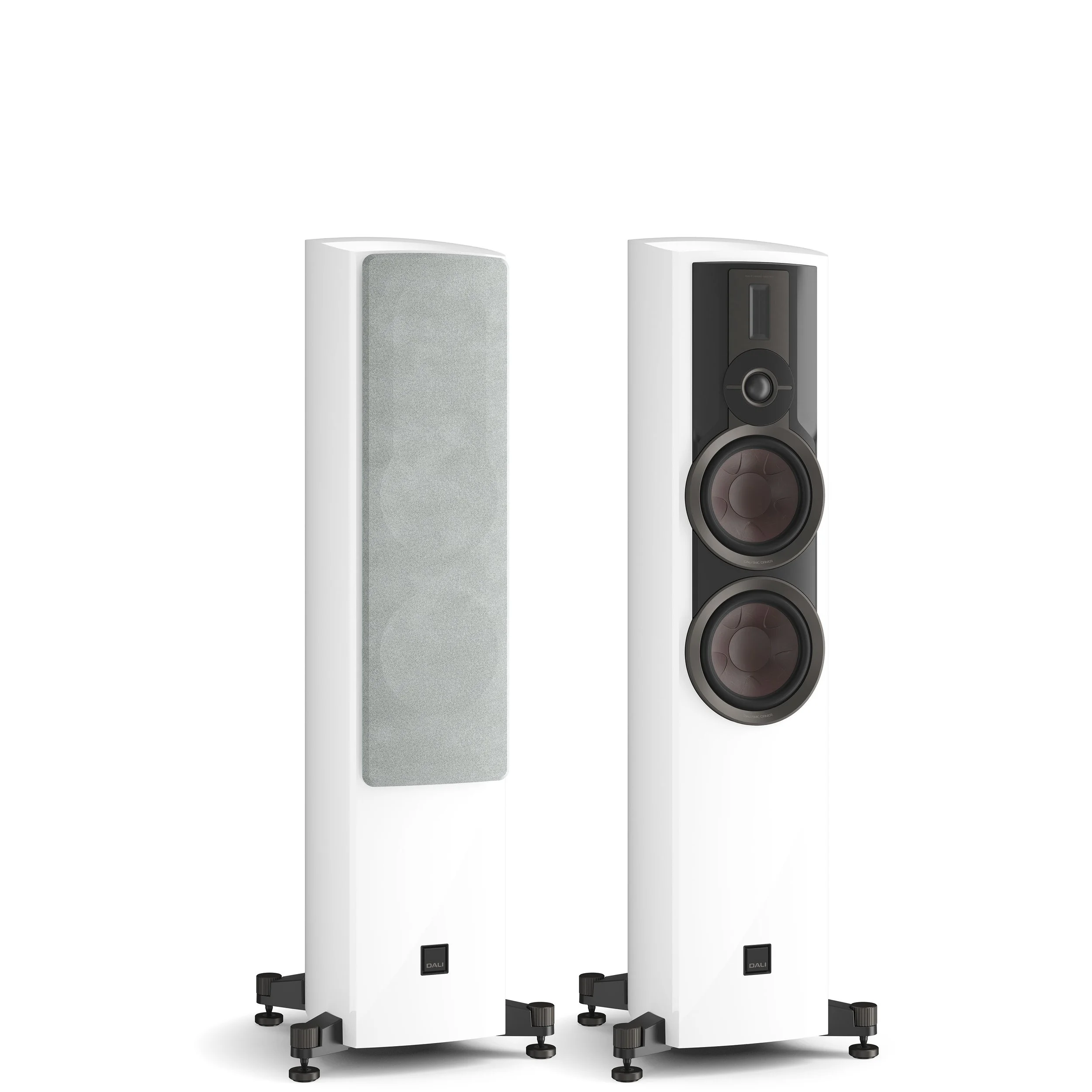DALI Epikore 7 floorstanding speakers shown in high gloss white.