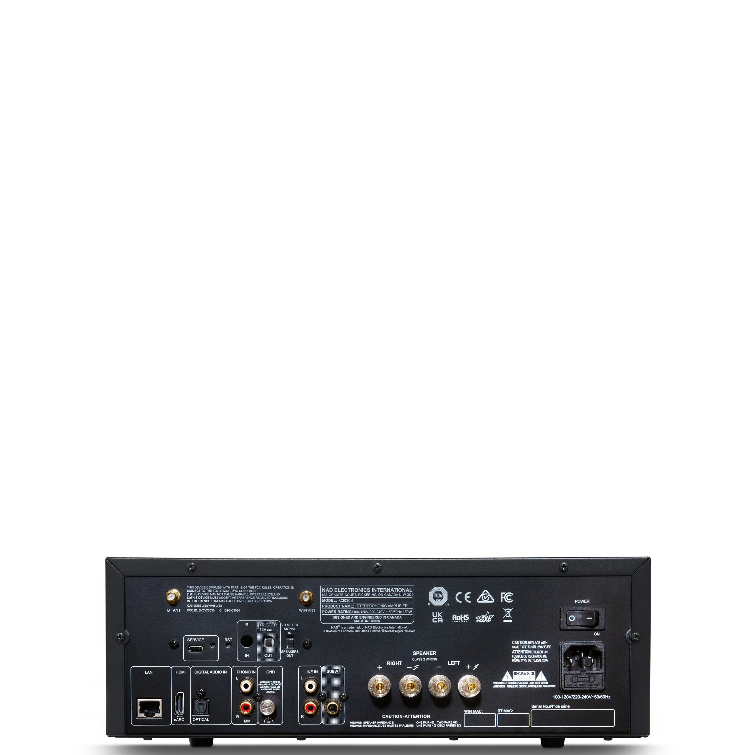 Back panel view of the NAD C 3030S streaming amplifier showing analog, digital, network, and speaker connections.